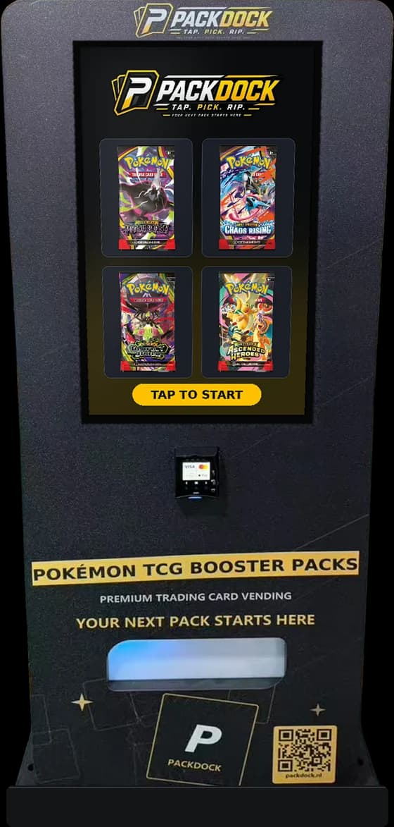De PackDock trading card automaat met touchscreen, vooraanzicht